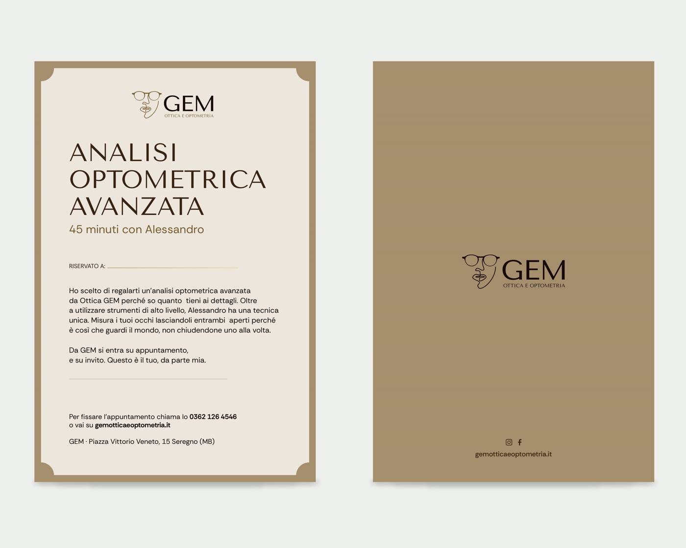 L'invito per l'analisi optometrica avanzata, fronte e retro