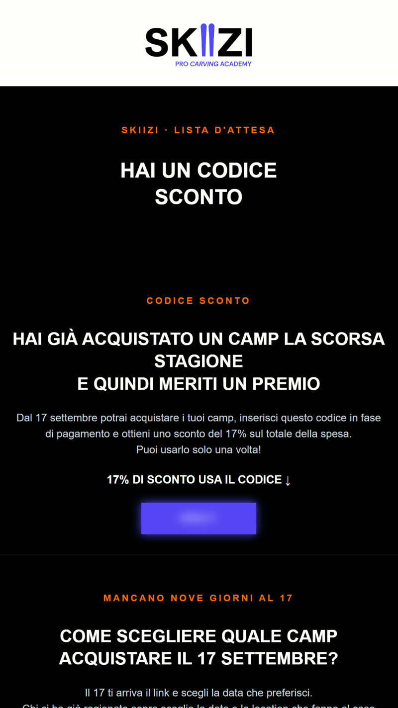 Email SKIIZI, la finestra riservata alla lista d'attesa