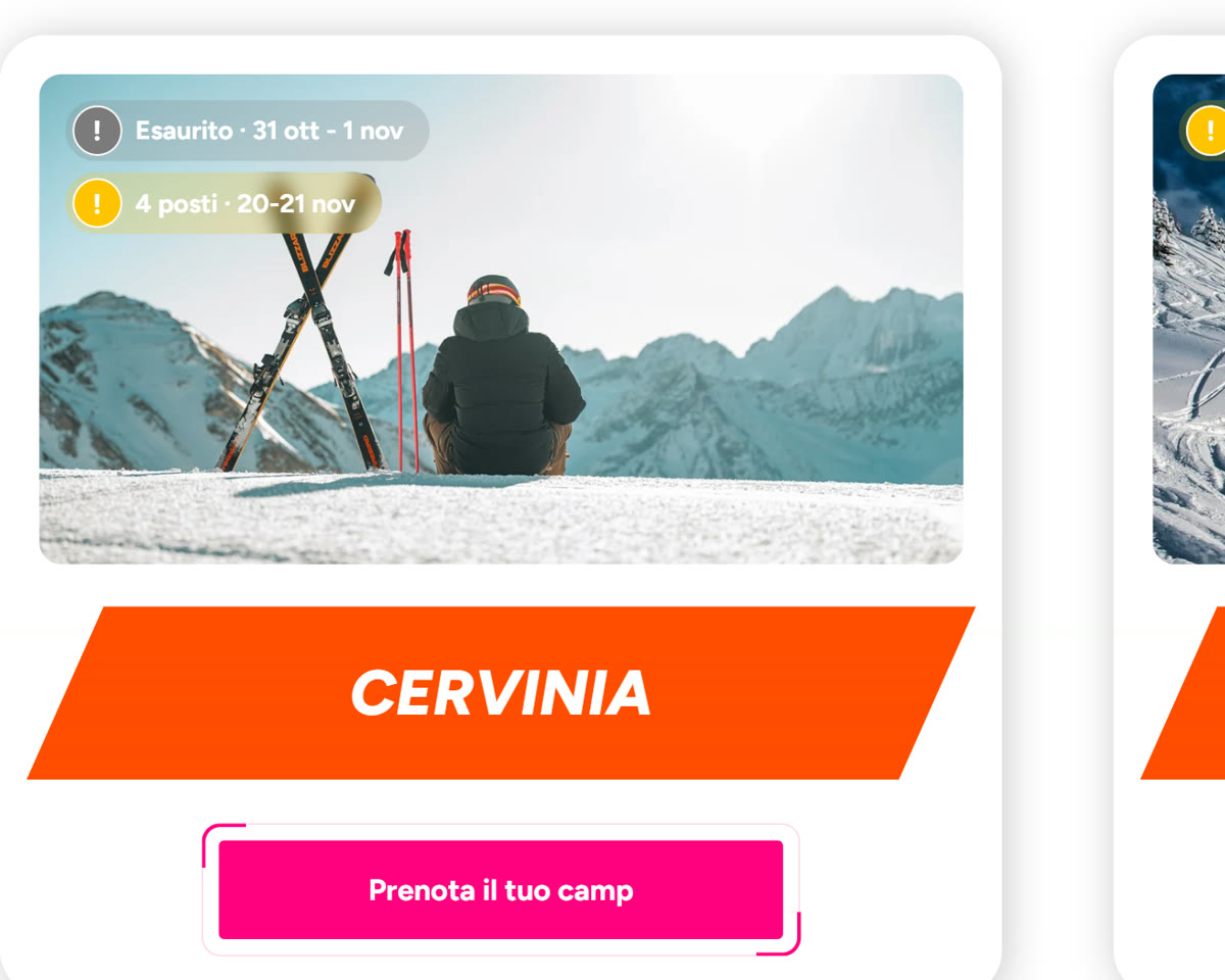 La scheda del camp di Cervinia con le date esaurite e i posti rimasti